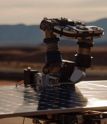 Futuristic robot arm powers solar panels outdoors generated by artificial intelligence